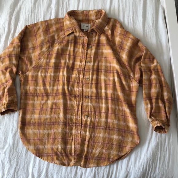 American Eagle Mustard Yellow and Pink Flannel - Picture 1 of 4